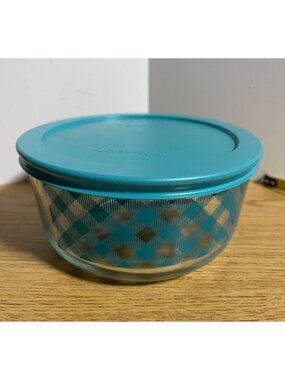 Pyrex Glass Bowl Teal Plaid w/ Lid 4-Cup 950mL Made USA Pyrex Diamonds Collectio